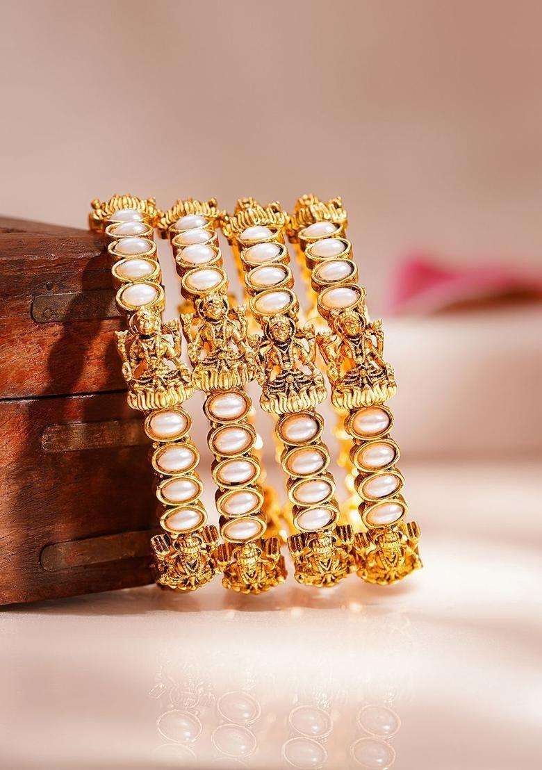 Set of 4 Gold-Plated Pearls Studded Temple Bangles for Women | Traditional Temple Jewellery for Wedding & Festive Wear | Gift for Her - Indya