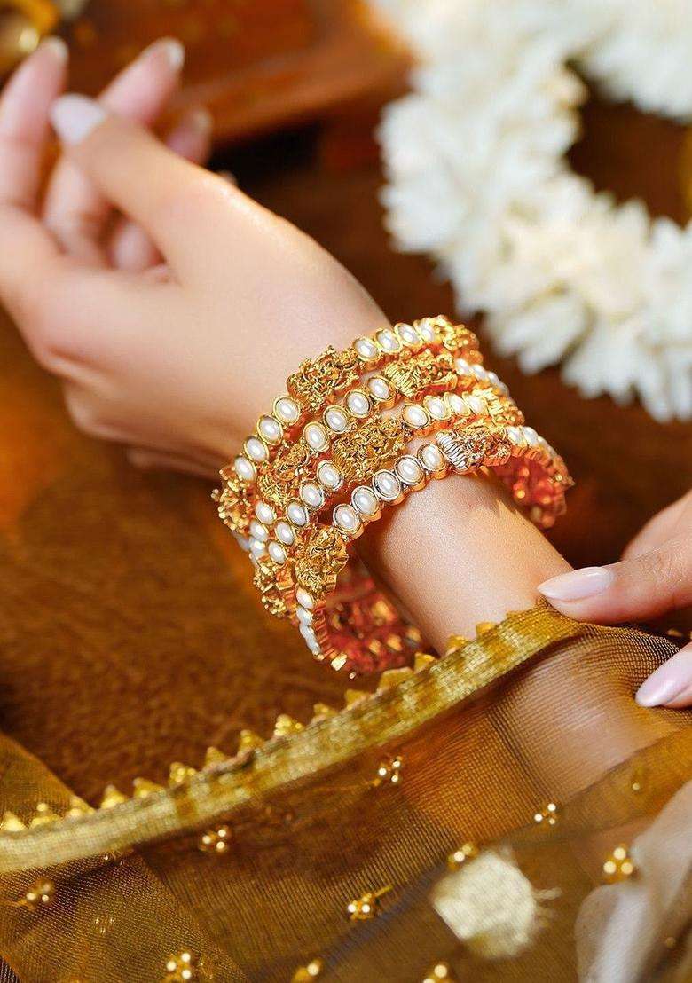 Set of 4 Gold-Plated Pearls Studded Temple Bangles for Women | Traditional Temple Jewellery for Wedding & Festive Wear | Gift for Her - Indya