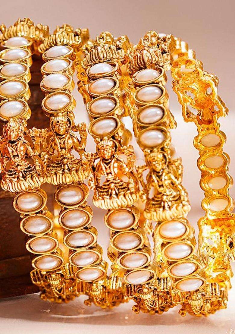 Set of 4 Gold-Plated Pearls Studded Temple Bangles for Women | Traditional Temple Jewellery for Wedding & Festive Wear | Gift for Her - Indya