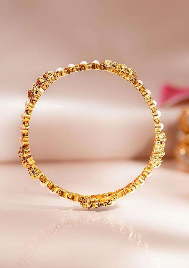 Set of 4 Gold-Plated Pearls Studded Temple Bangles for Women | Traditional Temple Jewellery for Wedding & Festive Wear | Gift for Her - Indya