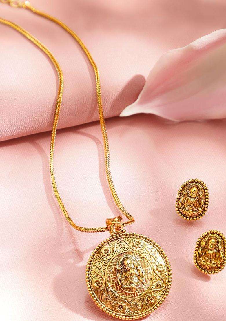 22K Gold-Plated Temple Necklace Set with Round Carved Lakshmi Pendant & Earrings for Women | Traditional Temple Jewellery for Wedding & Festive Wear | Gift for Her - Indya