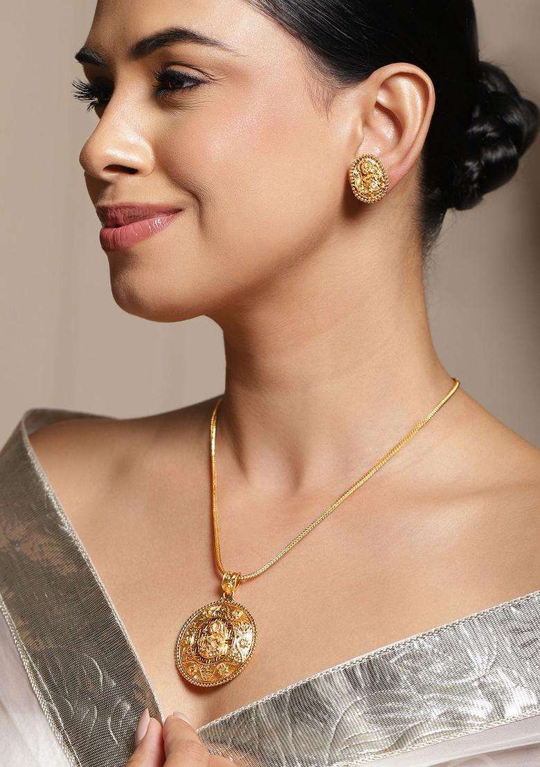 22K Gold-Plated Temple Necklace Set with Round Carved Lakshmi Pendant & Earrings for Women | Traditional Temple Jewellery for Wedding & Festive Wear | Gift for Her - Indya