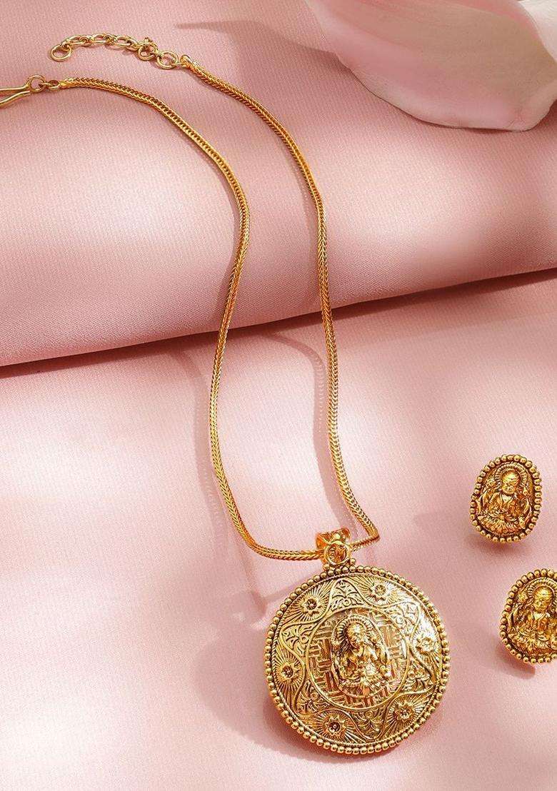 22K Gold-Plated Temple Necklace Set with Round Carved Lakshmi Pendant & Earrings for Women | Traditional Temple Jewellery for Wedding & Festive Wear | Gift for Her - Indya