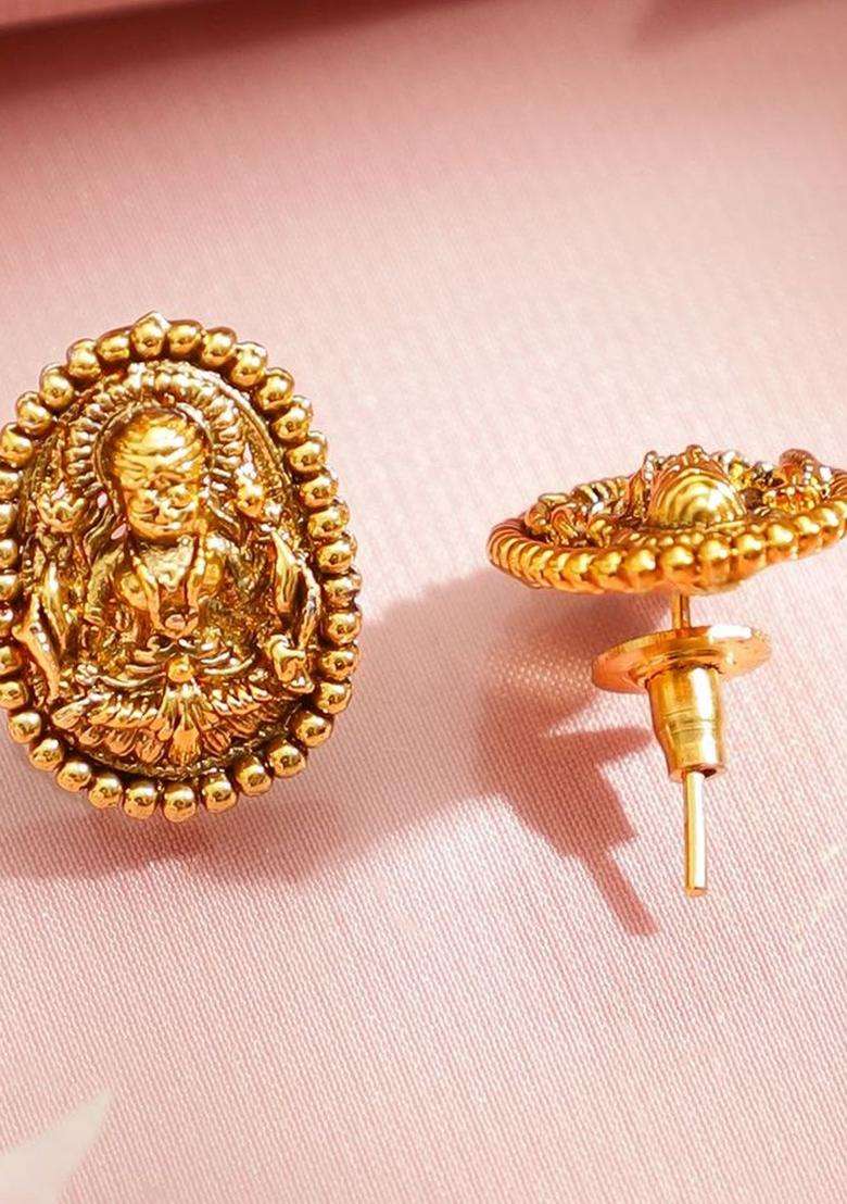 22K Gold-Plated Temple Necklace Set with Round Carved Lakshmi Pendant & Earrings for Women | Traditional Temple Jewellery for Wedding & Festive Wear | Gift for Her - Indya
