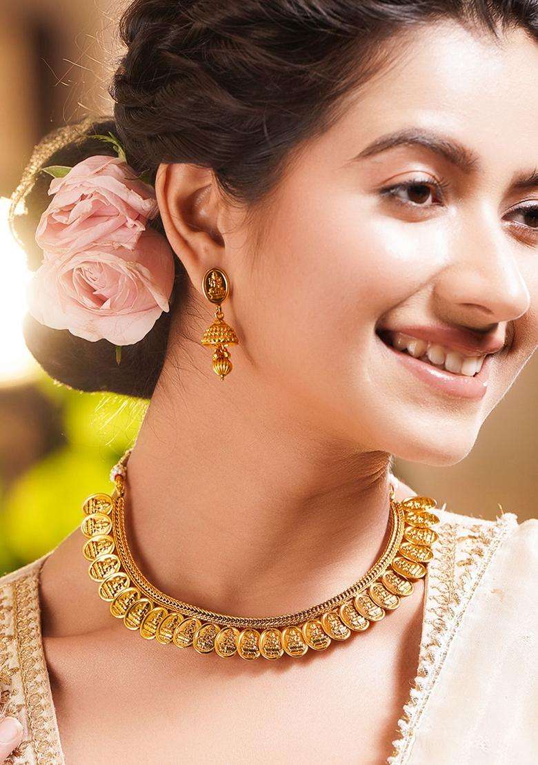Brass 18K Gold-Plated Temple Motif Necklace Jewellery Set for Women | Traditional Temple Jewellery for Wedding & Festive Wear | Gift for Her - Indya