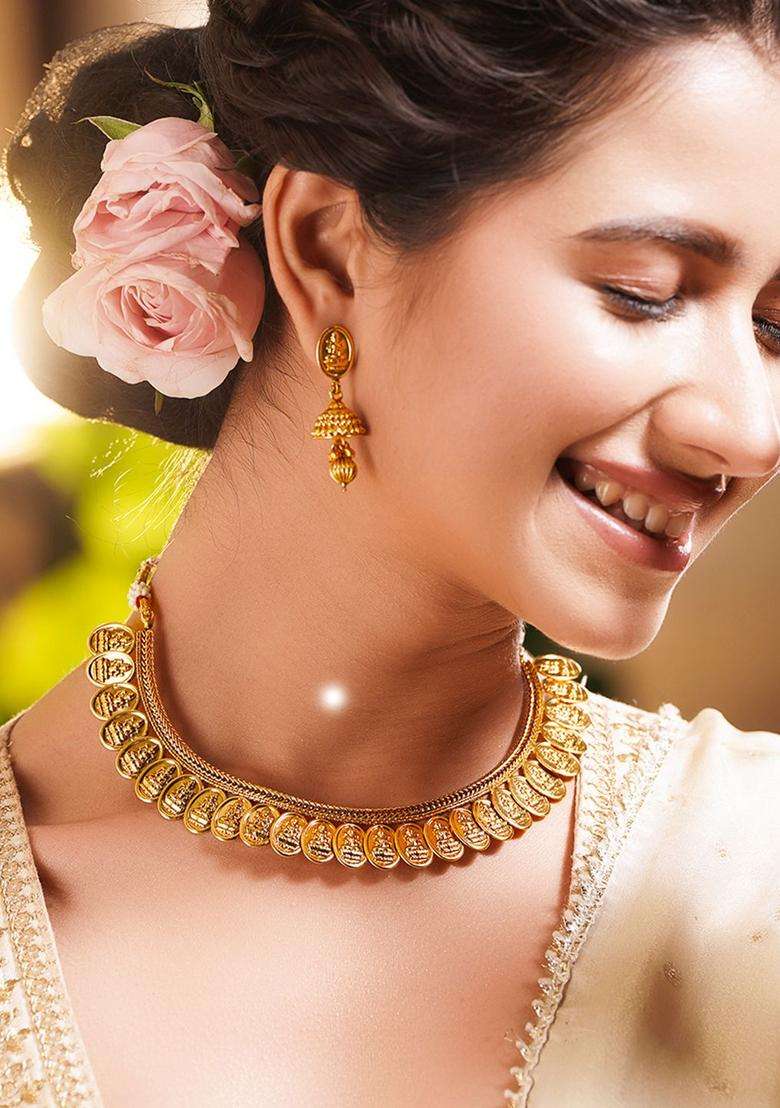 Brass 18K Gold-Plated Temple Motif Necklace Jewellery Set for Women | Traditional Temple Jewellery for Wedding & Festive Wear | Gift for Her - Indya