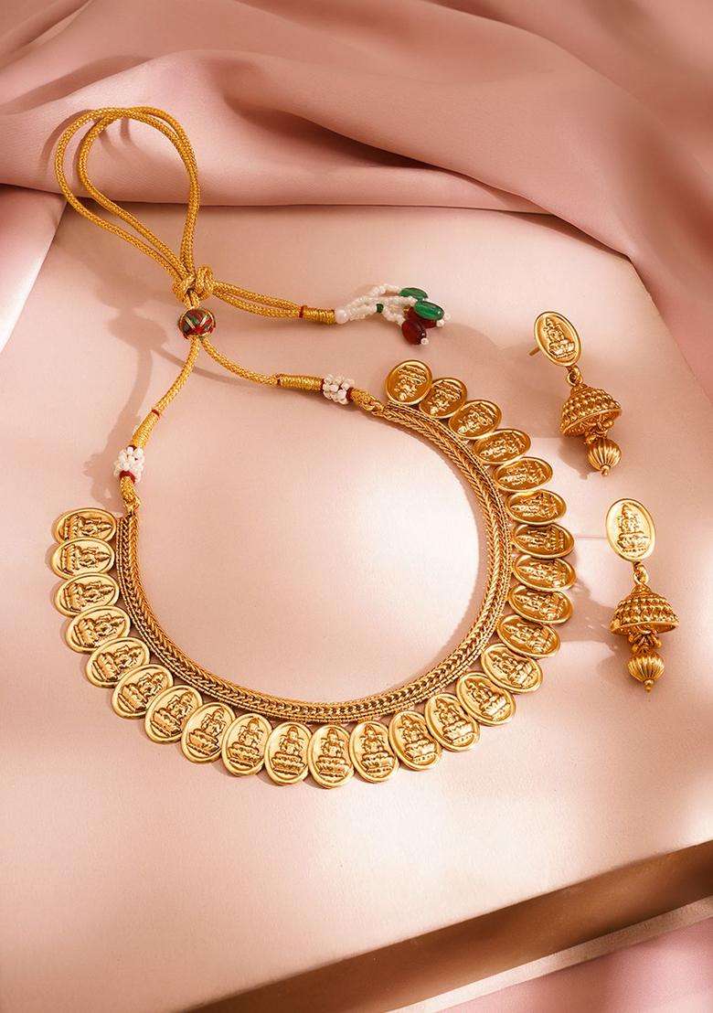 Brass 18K Gold-Plated Temple Motif Necklace Jewellery Set for Women | Traditional Temple Jewellery for Wedding & Festive Wear | Gift for Her - Indya