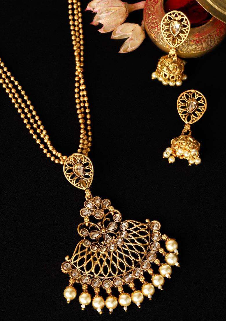 Gold-Toned & Grey Kundan-Studded Temple Jewellery Set for Women | Traditional Temple Jewellery for Wedding & Festive Wear | Gift for Her - Indya
