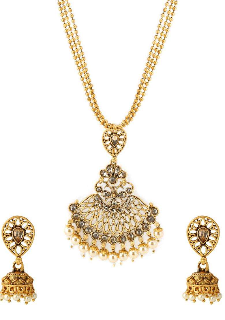 Gold-Toned & Grey Kundan-Studded Temple Jewellery Set for Women | Traditional Temple Jewellery for Wedding & Festive Wear | Gift for Her - Indya