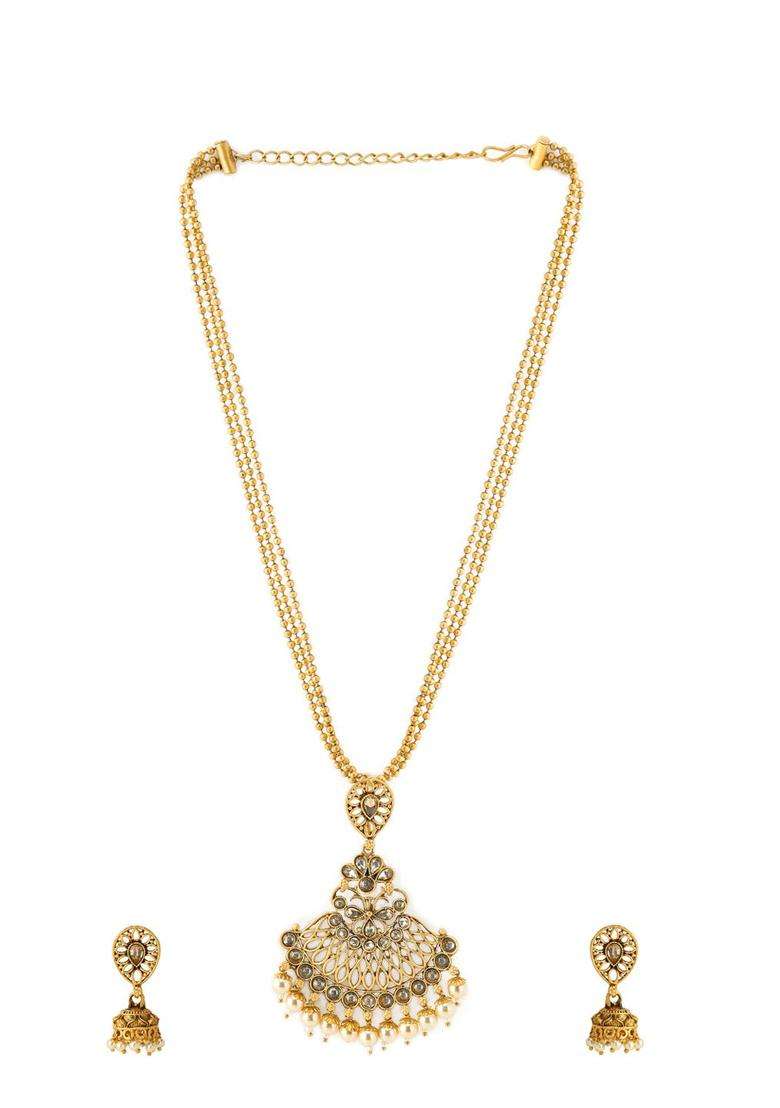Gold-Toned & Grey Kundan-Studded Temple Jewellery Set for Women | Traditional Temple Jewellery for Wedding & Festive Wear | Gift for Her - Indya