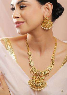 24K Gold-Plated Cubic Zirconia Studded & Pearls Beaded Temple Jewellery Set for Women | Traditional Temple Jewellery for Wedding & Festive Wear | Gift for Her