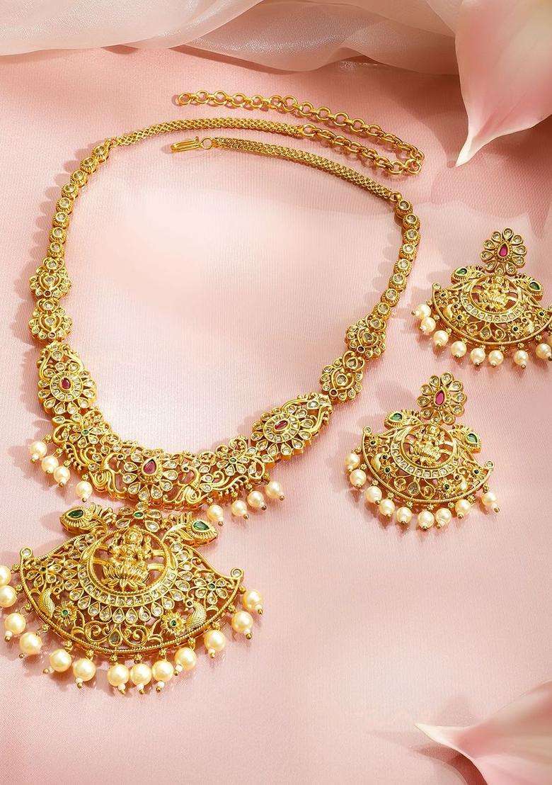 24K Gold-Plated Cubic Zirconia Studded & Pearls Beaded Temple Jewellery Set for Women | Traditional Temple Jewellery for Wedding & Festive Wear | Gift for Her - Indya