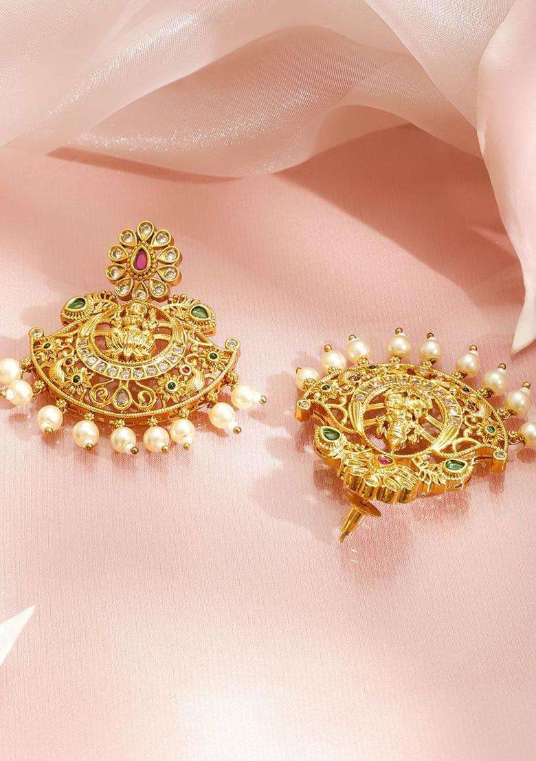 24K Gold-Plated Cubic Zirconia Studded & Pearls Beaded Temple Jewellery Set for Women | Traditional Temple Jewellery for Wedding & Festive Wear | Gift for Her - Indya