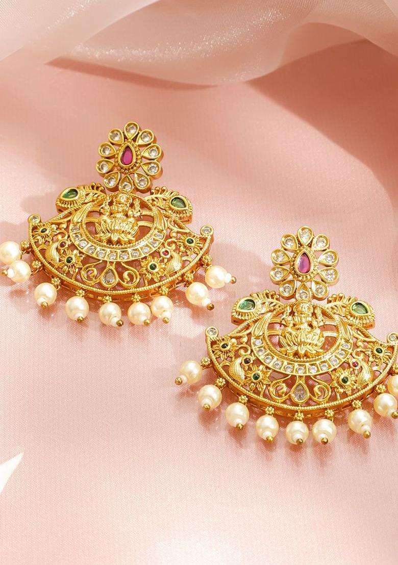 24K Gold-Plated Cubic Zirconia Studded & Pearls Beaded Temple Jewellery Set for Women | Traditional Temple Jewellery for Wedding & Festive Wear | Gift for Her - Indya