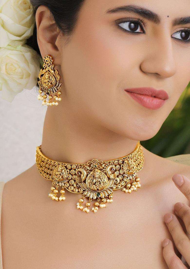 24K Gold-Plated Brass Temple Choker Necklace Set with Green CZ Stones & Pearl Beads for Women | Traditional Temple Jewellery for Wedding & Festive Wear | Gift for Her - Indya