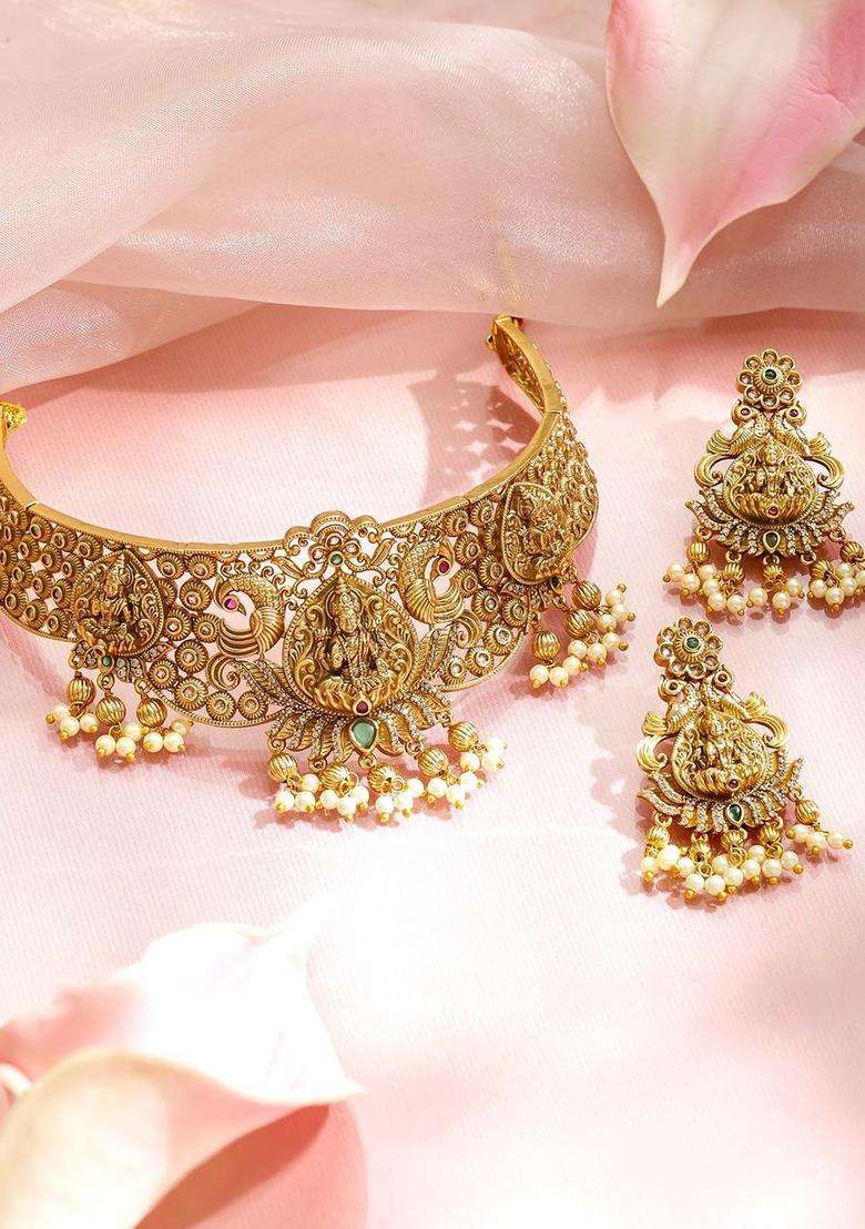 24K Gold-Plated Brass Temple Choker Necklace Set with Green CZ Stones & Pearl Beads for Women | Traditional Temple Jewellery for Wedding & Festive Wear | Gift for Her - Indya