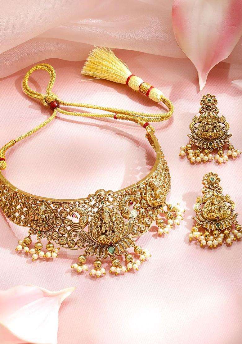 24K Gold-Plated Brass Temple Choker Necklace Set with Green CZ Stones & Pearl Beads for Women | Traditional Temple Jewellery for Wedding & Festive Wear | Gift for Her - Indya
