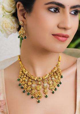 18K Gold-Plated Cubic Zirconia Stone-Studded & Beaded Necklace with Earrings for Women | Traditional Temple Jewellery for Wedding & Festive Wear | Gift for Her