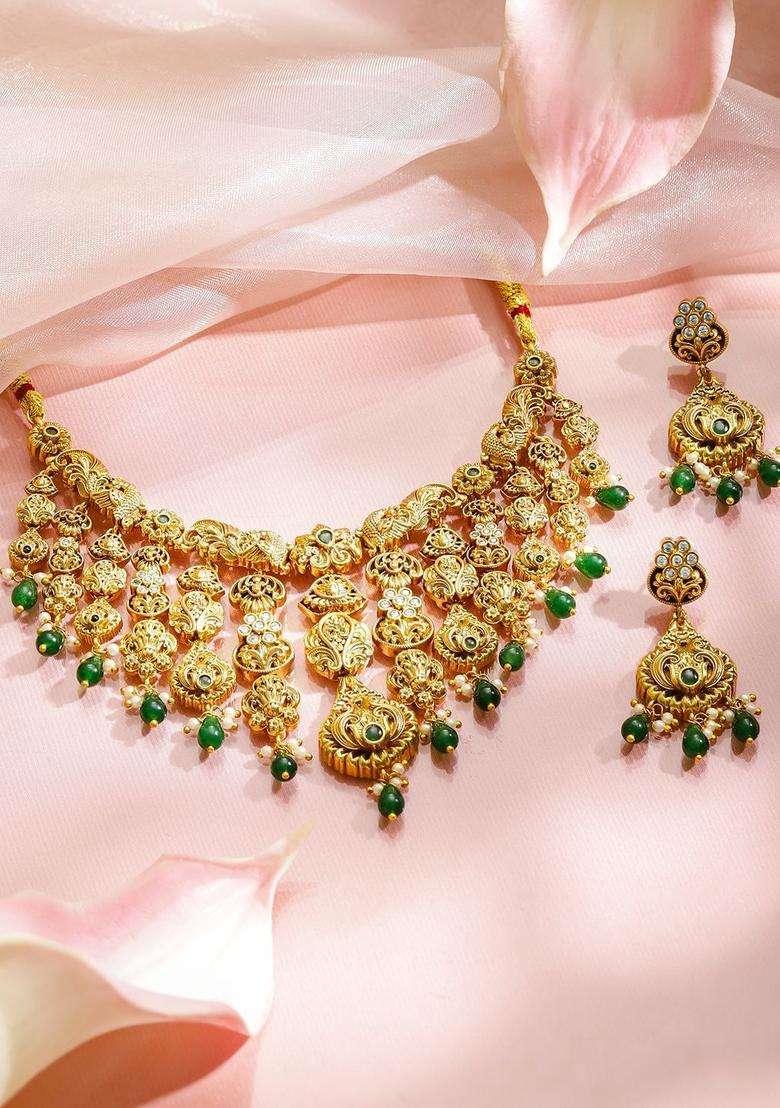 18K Gold-Plated Cubic Zirconia Stone-Studded & Beaded Necklace with Earrings for Women | Traditional Temple Jewellery for Wedding & Festive Wear | Gift for Her - Indya