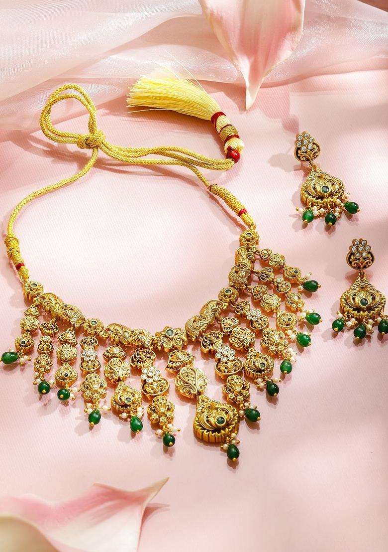 18K Gold-Plated Cubic Zirconia Stone-Studded & Beaded Necklace with Earrings for Women | Traditional Temple Jewellery for Wedding & Festive Wear | Gift for Her - Indya