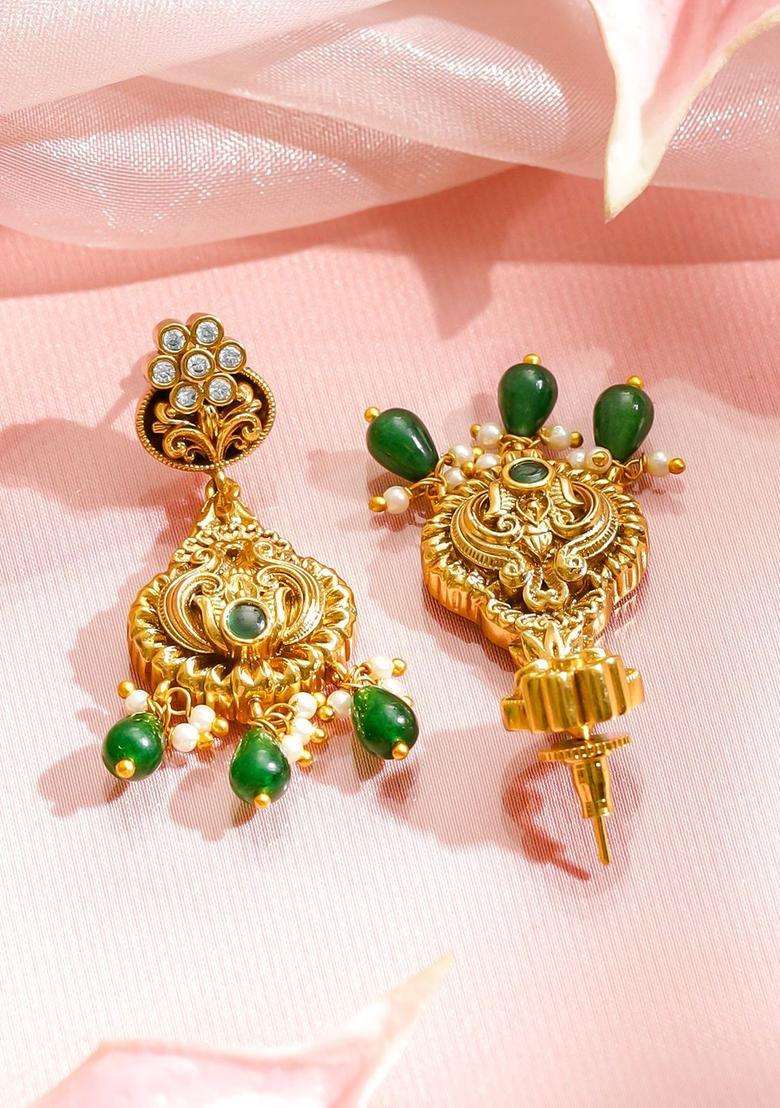 18K Gold-Plated Cubic Zirconia Stone-Studded & Beaded Necklace with Earrings for Women | Traditional Temple Jewellery for Wedding & Festive Wear | Gift for Her - Indya