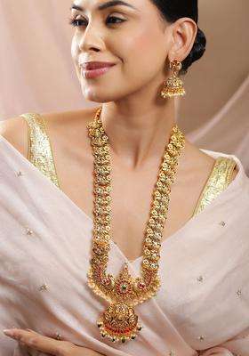 22KT Gold-Plated Ruby Stone-Studded & Pearls Beaded Peacock Design Jewellery Set for Women | Traditional Temple Jewellery for Wedding & Festive Wear | Gift for Her