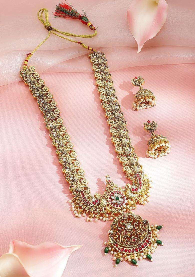 22KT Gold-Plated Ruby Stone-Studded & Pearls Beaded Peacock Design Jewellery Set for Women | Traditional Temple Jewellery for Wedding & Festive Wear | Gift for Her - Indya