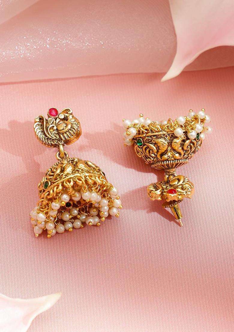 22KT Gold-Plated Ruby Stone-Studded & Pearls Beaded Peacock Design Jewellery Set for Women | Traditional Temple Jewellery for Wedding & Festive Wear | Gift for Her - Indya