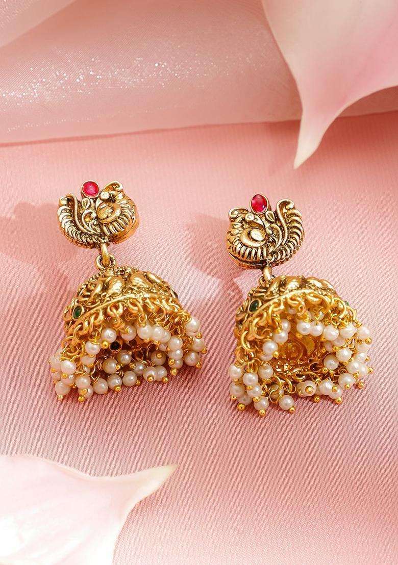 22KT Gold-Plated Ruby Stone-Studded & Pearls Beaded Peacock Design Jewellery Set for Women | Traditional Temple Jewellery for Wedding & Festive Wear | Gift for Her - Indya