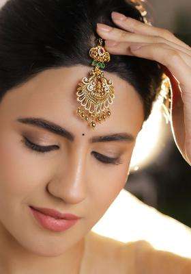 22K Gold-Plated Ruby Red, Emerald Green & CZ Temple Lakshmi Maang Tikka with Zircon for Women | Traditional Temple Jewellery for Wedding & Festive Wear | Gift for Her