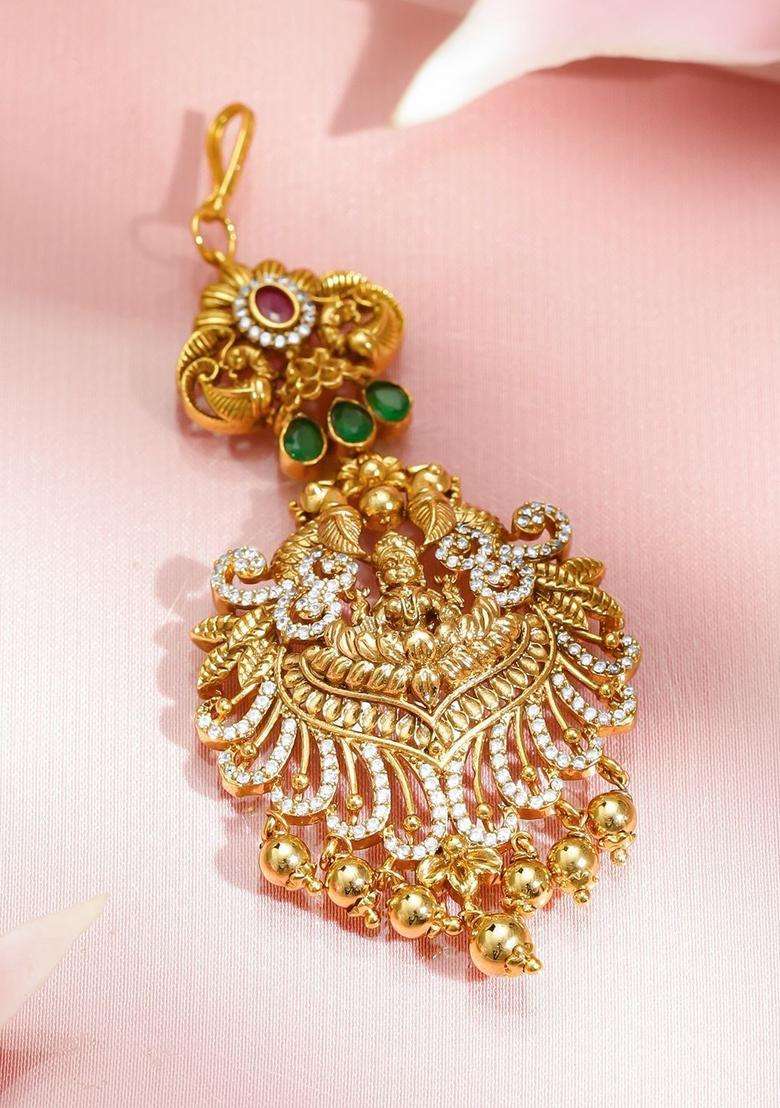 22K Gold-Plated Ruby Red, Emerald Green & CZ Temple Lakshmi Maang Tikka with Zircon for Women | Traditional Temple Jewellery for Wedding & Festive Wear | Gift for Her - Indya