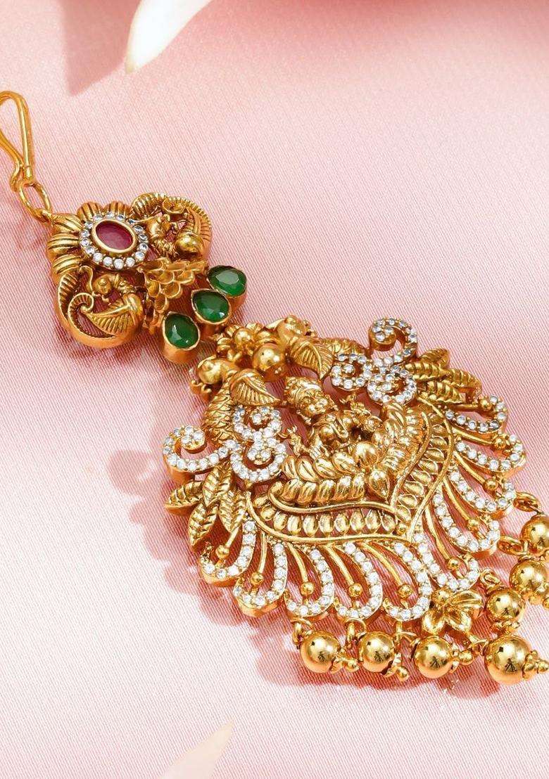 22K Gold-Plated Ruby Red, Emerald Green & CZ Temple Lakshmi Maang Tikka with Zircon for Women | Traditional Temple Jewellery for Wedding & Festive Wear | Gift for Her - Indya
