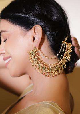 22K Gold-Plated Artificial Stones Studded & Beaded Temple Contemporary Ear Chain for Women | Traditional Temple Jewellery for Wedding & Festive Wear | Gift for Her