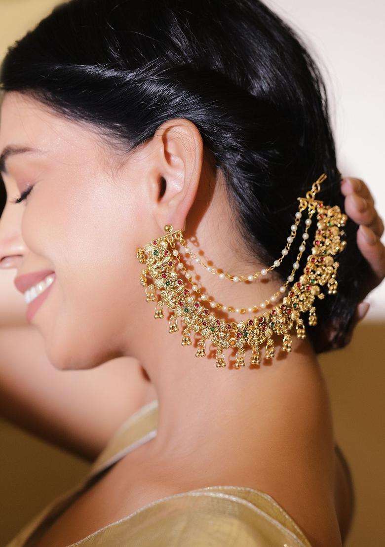 22K Gold-Plated Artificial Stones Studded & Beaded Temple Contemporary Ear Chain for Women | Traditional Temple Jewellery for Wedding & Festive Wear | Gift for Her - Indya