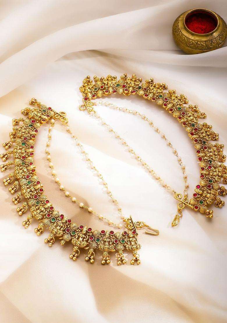 22K Gold-Plated Artificial Stones Studded & Beaded Temple Contemporary Ear Chain for Women | Traditional Temple Jewellery for Wedding & Festive Wear | Gift for Her - Indya