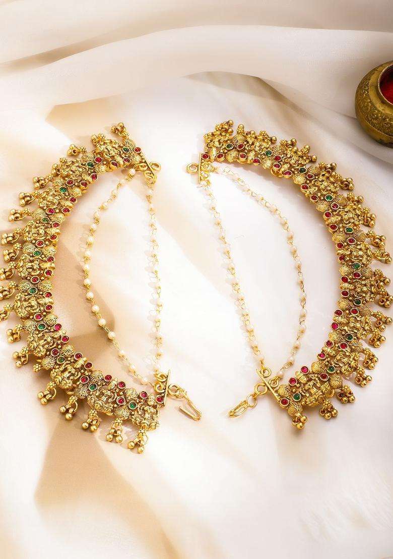 22K Gold-Plated Artificial Stones Studded & Beaded Temple Contemporary Ear Chain for Women | Traditional Temple Jewellery for Wedding & Festive Wear | Gift for Her - Indya