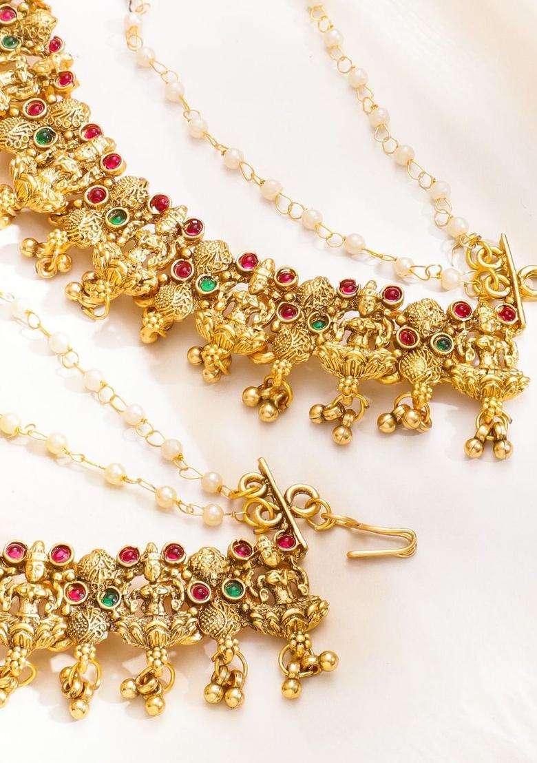 22K Gold-Plated Artificial Stones Studded & Beaded Temple Contemporary Ear Chain for Women | Traditional Temple Jewellery for Wedding & Festive Wear | Gift for Her - Indya