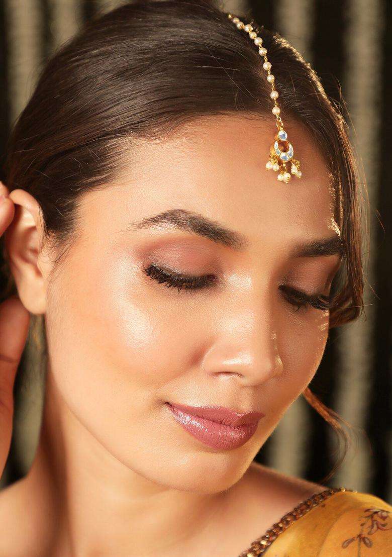 22K Gold-Plated Kundan Studded Maang Tikka with Pearl Beaded Chain for Women | Traditional Temple Jewellery for Wedding & Festive Wear | Gift for Her - Indya