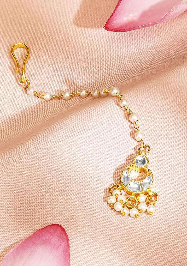 22K Gold-Plated Kundan Studded Maang Tikka with Pearl Beaded Chain for Women | Traditional Temple Jewellery for Wedding & Festive Wear | Gift for Her - Indya