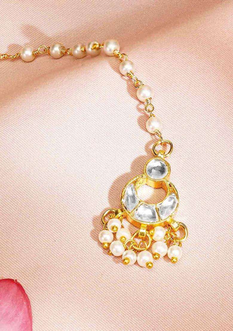 22K Gold-Plated Kundan Studded Maang Tikka with Pearl Beaded Chain for Women | Traditional Temple Jewellery for Wedding & Festive Wear | Gift for Her - Indya