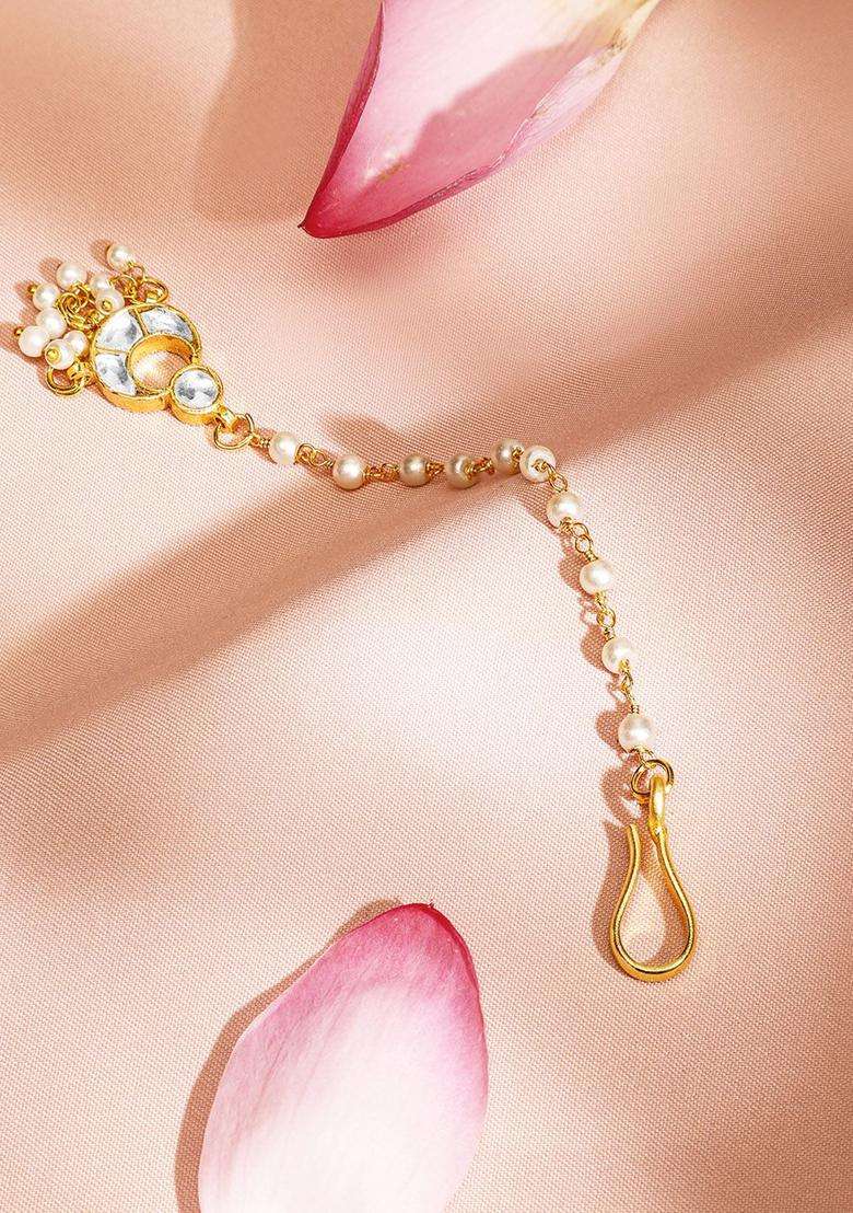 22K Gold-Plated Kundan Studded Maang Tikka with Pearl Beaded Chain for Women | Traditional Temple Jewellery for Wedding & Festive Wear | Gift for Her - Indya