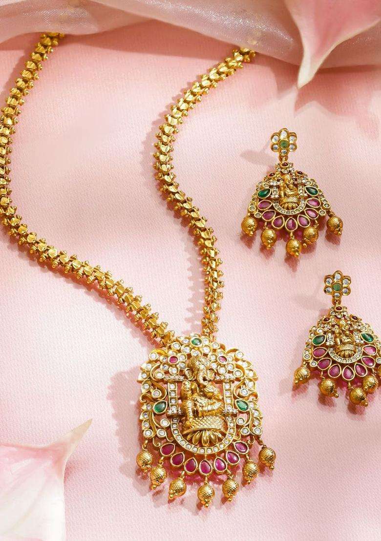 24K Gold-Plated Temple Pendant Necklace Set with Ruby, Emerald & White CZ Stones for Women | Traditional Temple Jewellery for Wedding & Festive Wear | Gift for Her - Indya