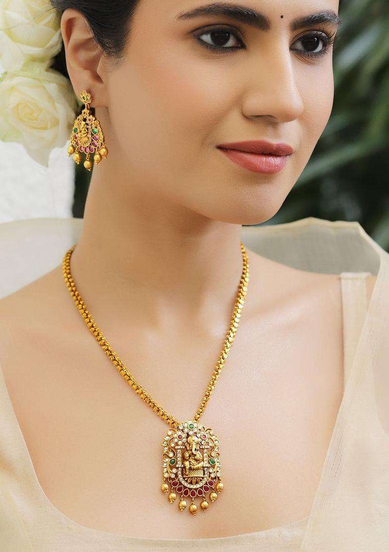 24K Gold-Plated Temple Pendant Necklace Set with Ruby, Emerald & White CZ Stones for Women | Traditional Temple Jewellery for Wedding & Festive Wear | Gift for Her - Indya