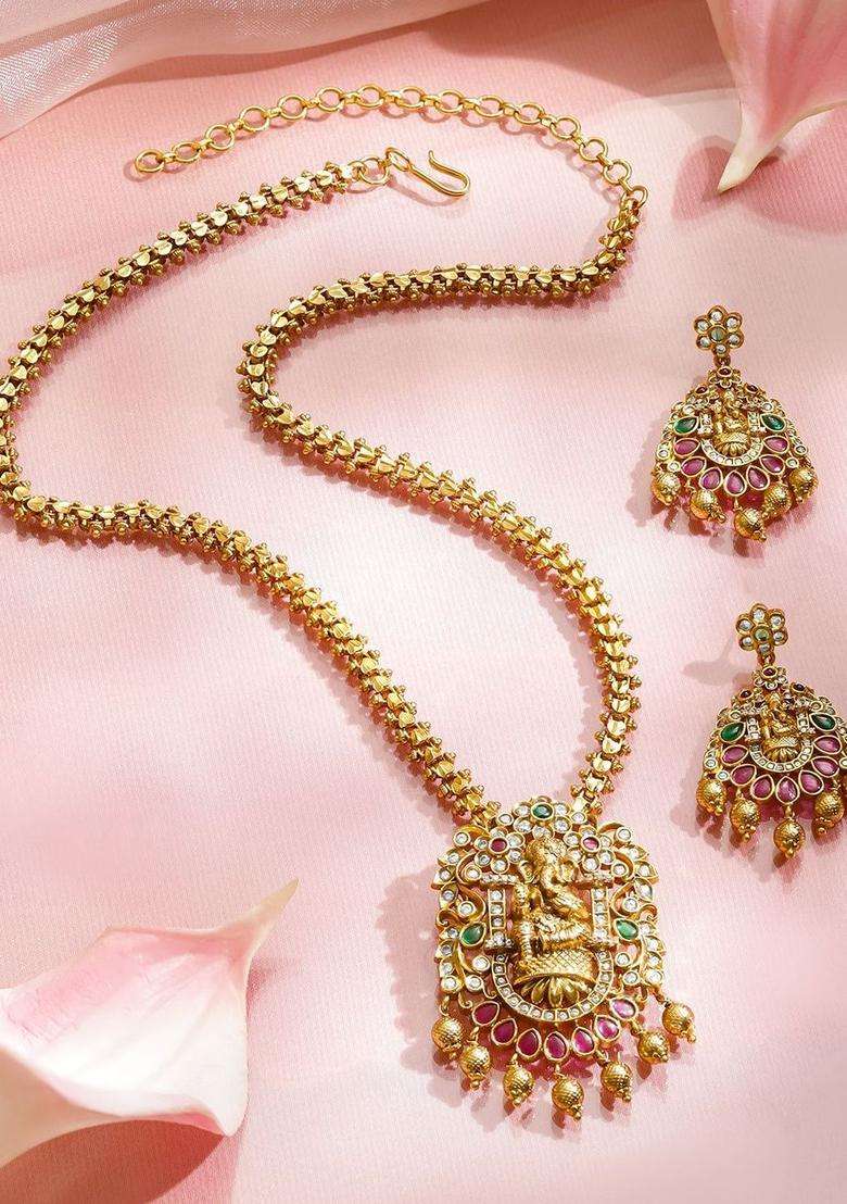 24K Gold-Plated Temple Pendant Necklace Set with Ruby, Emerald & White CZ Stones for Women | Traditional Temple Jewellery for Wedding & Festive Wear | Gift for Her - Indya