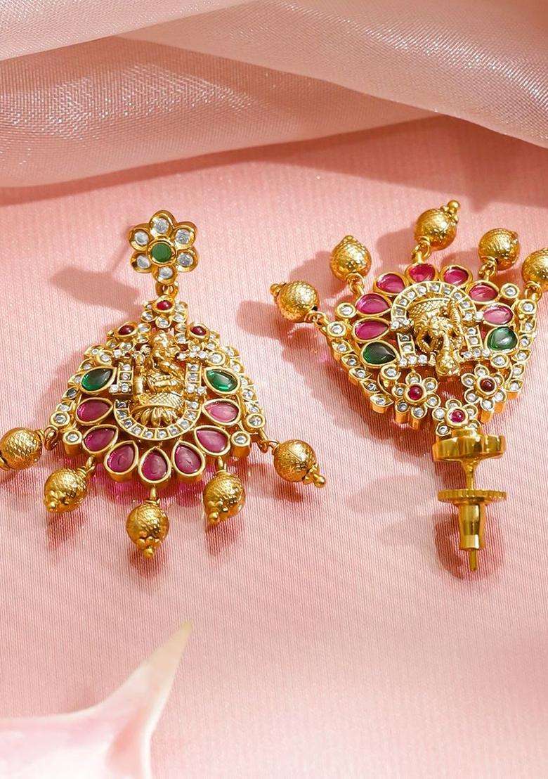 24K Gold-Plated Temple Pendant Necklace Set with Ruby, Emerald & White CZ Stones for Women | Traditional Temple Jewellery for Wedding & Festive Wear | Gift for Her - Indya