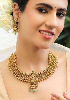 24K Gold-Plated Brass Golden Beads, Ruby Pink & Green Stones Temple Necklace Set for Women | Traditional Temple Jewellery for Wedding & Festive Wear | Gift for Her