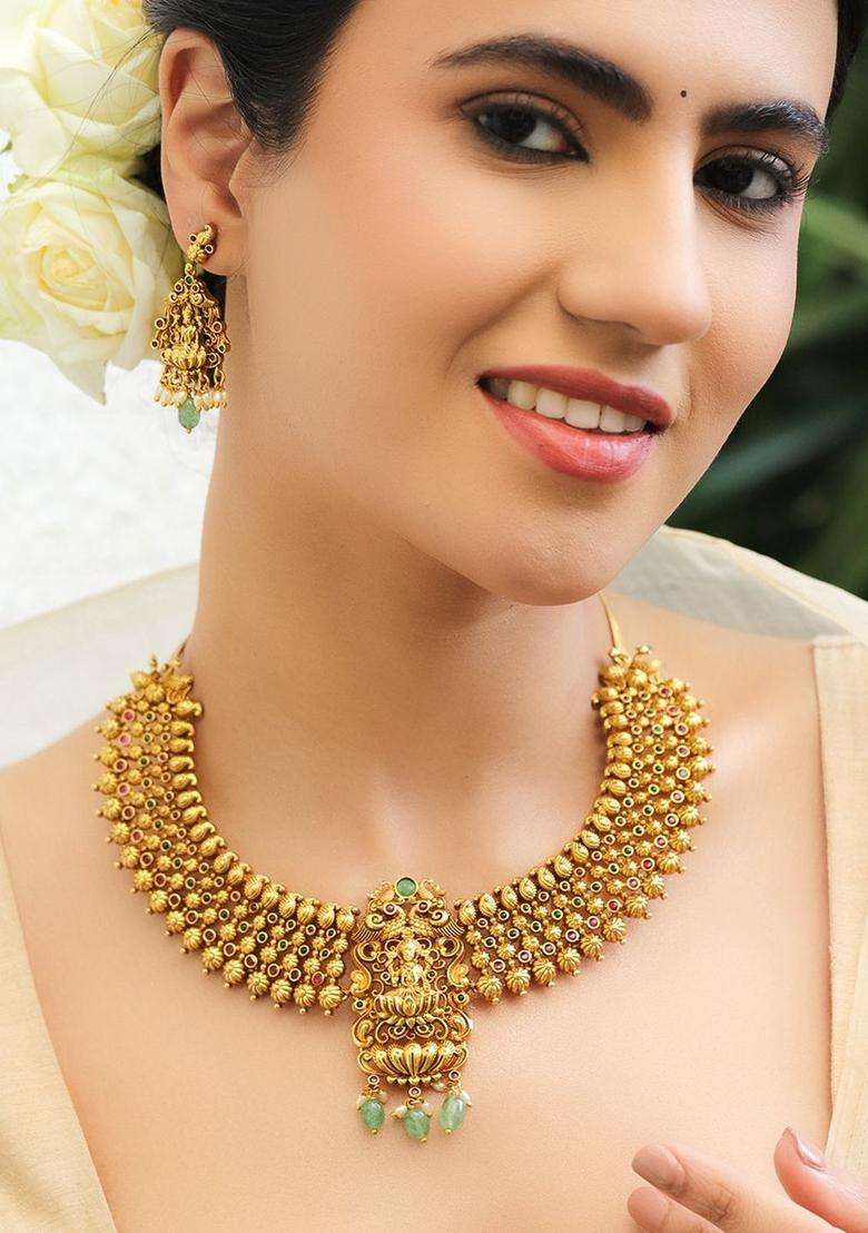 24K Gold-Plated Brass Golden Beads, Ruby Pink & Green Stones Temple Necklace Set for Women | Traditional Temple Jewellery for Wedding & Festive Wear | Gift for Her - Indya