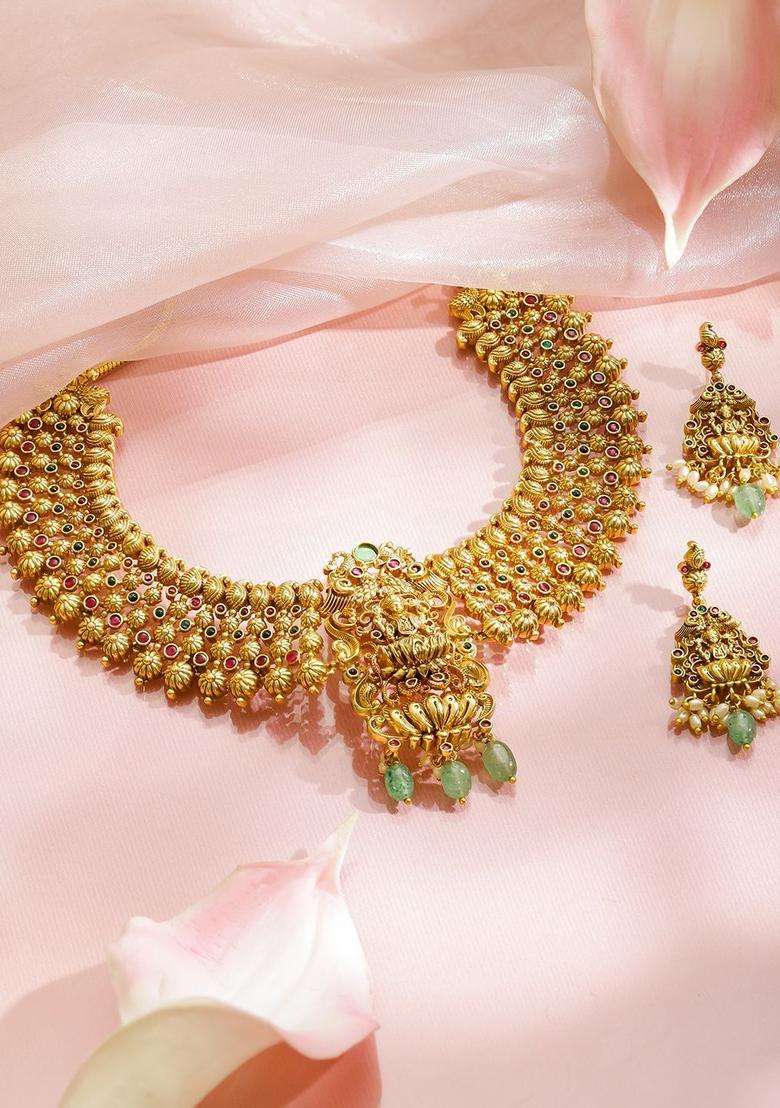 24K Gold-Plated Brass Golden Beads, Ruby Pink & Green Stones Temple Necklace Set for Women | Traditional Temple Jewellery for Wedding & Festive Wear | Gift for Her - Indya