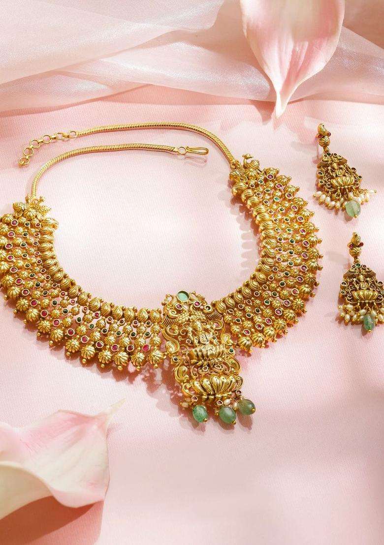 24K Gold-Plated Brass Golden Beads, Ruby Pink & Green Stones Temple Necklace Set for Women | Traditional Temple Jewellery for Wedding & Festive Wear | Gift for Her - Indya