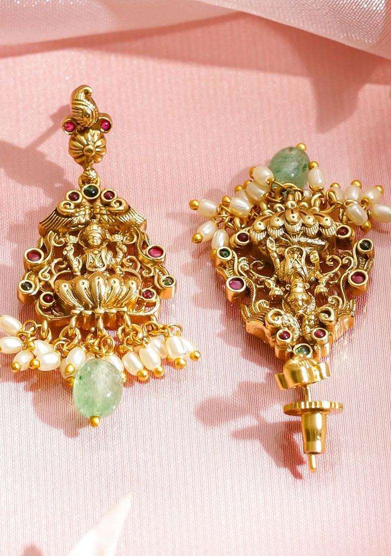 24K Gold-Plated Brass Golden Beads, Ruby Pink & Green Stones Temple Necklace Set for Women | Traditional Temple Jewellery for Wedding & Festive Wear | Gift for Her - Indya
